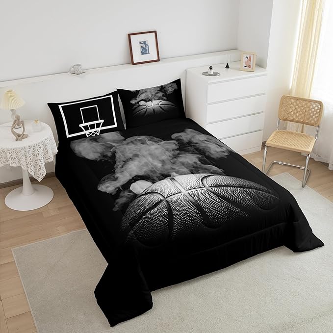 Sports Basketball Full Size Comforter Sets For Boys Teen Kids Basketball Quilt Bedding Set Grey Hippie Smoke Comforter Reversible Black Duvet Insert,1 Comforter + 2 Pillow Case Basketball Room Decor - LeafyLoom