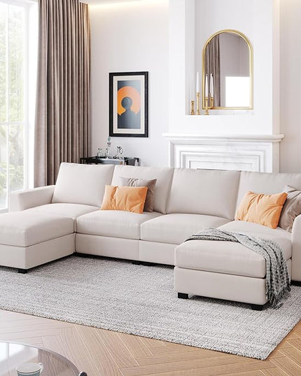 130.7" Large U-Shaped Sectional Sofa w/Removable Ottomans, 3-Pieces Modular Upholstered Couch with Double Chaise Lounge for Living Room Apartment Home Office, Beige, 130.7 Inch - LeafyLoom