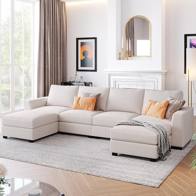 130.7" Large U-Shaped Sectional Sofa w/Removable Ottomans, 3-Pieces Modular Upholstered Couch with Double Chaise Lounge for Living Room Apartment Home Office, Beige, 130.7 Inch - LeafyLoom