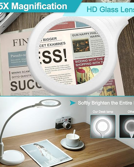 5X Magnifying Glass with Light and Clamp, 5 Color Modes Stepless Dimmable Lighted Magnifier with Stand, Flexible Gooseneck LED Desk Lamp Hands Free for Craft Painting Hobby Close Work - LeafyLoom