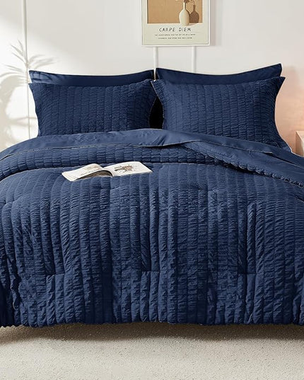 HYMOKEGE Seersucker Queen Comforter Set 3 Pieces, Lightweight Comforter Sets for Bedding, Bed Set with 1 All Season Soft Down Alternative Comforter and 2 Pillow Shams, Navy Blue - LeafyLoom