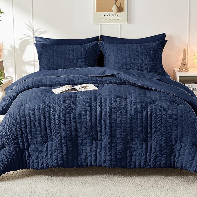 HYMOKEGE Seersucker Twin Comforter Set 3 Pieces, Lightweight Comforter Sets for Bedding, Bed Set with 1 All Season Soft Down Alternative Comforter and 2 Pillow Shams, Navy Blue - LeafyLoom