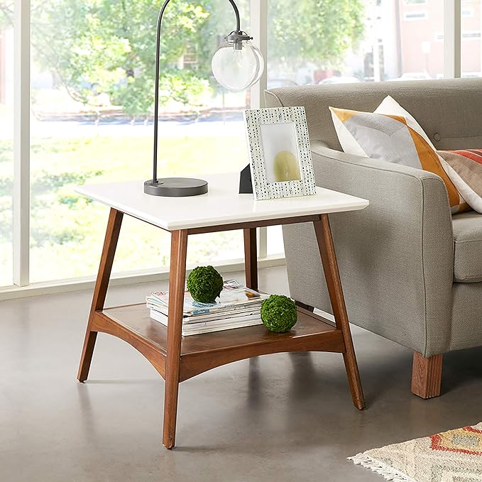 Madison Park Parker End Tables-Solid Wood, Two-Tone Finish with Lower Storage Shelf Modern Mid-Century Accent Living Room Furniture, Medium, Off-White/Pecan - LeafyLoom