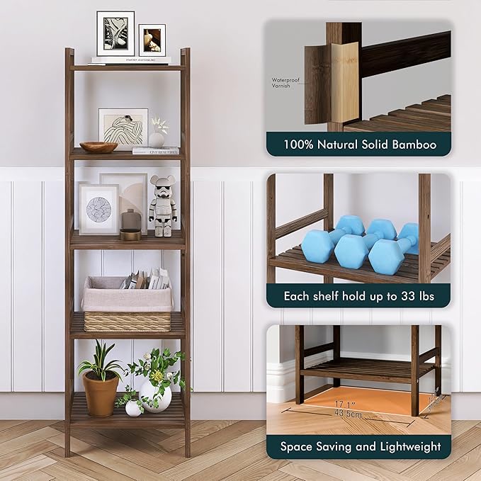 Bamboo Book Shelf, Tall Narrow Bookcase, Bathroom shelving Unit 5 tier Floor Standing Adjustable Bookshelf for Small Spaces, Walnut - LeafyLoom