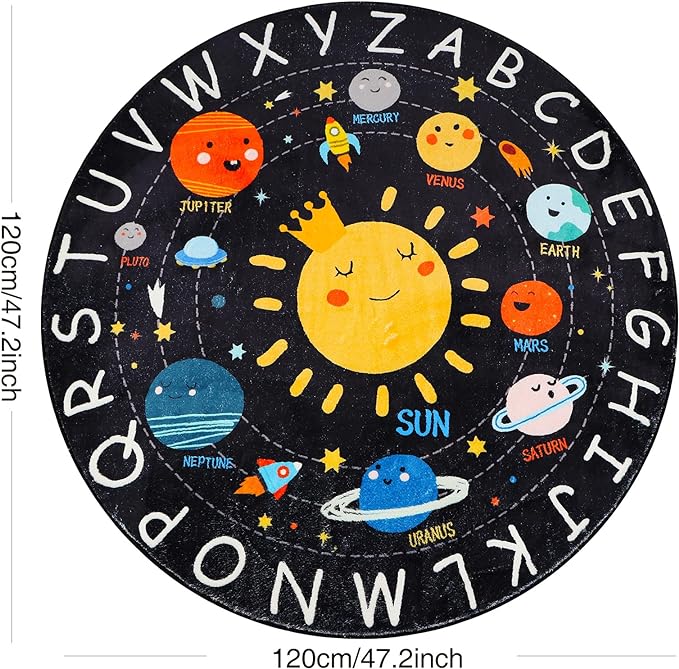Round ABC Kids Rug,4 Ft Soft Circle Alphabet Playroom Rug,Washable Non-Slip Solar System Kids Play Rug,Space Educational Rug Kids Carpet for Classroom Playroom Bedroom Kids Room Decor - LeafyLoom