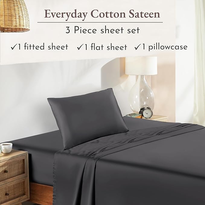 California Design Den Soft 100% Cotton Sheets Twin-XL Size Bed Sheet Sets with Deep Pockets, 3 Pc Extra Long Twin Sheets with Sateen Weave, Cooling Sheets (Grey) - LeafyLoom