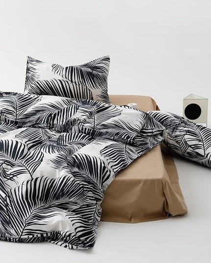 Black Leaves Comforter Cal King Black and White Palm Leaf Printed Comforter Set Modern Boho Black Tropical Botanical Leaves Bed Quilt Women Men Soft Floral Palm Black California King Comforter - LeafyLoom