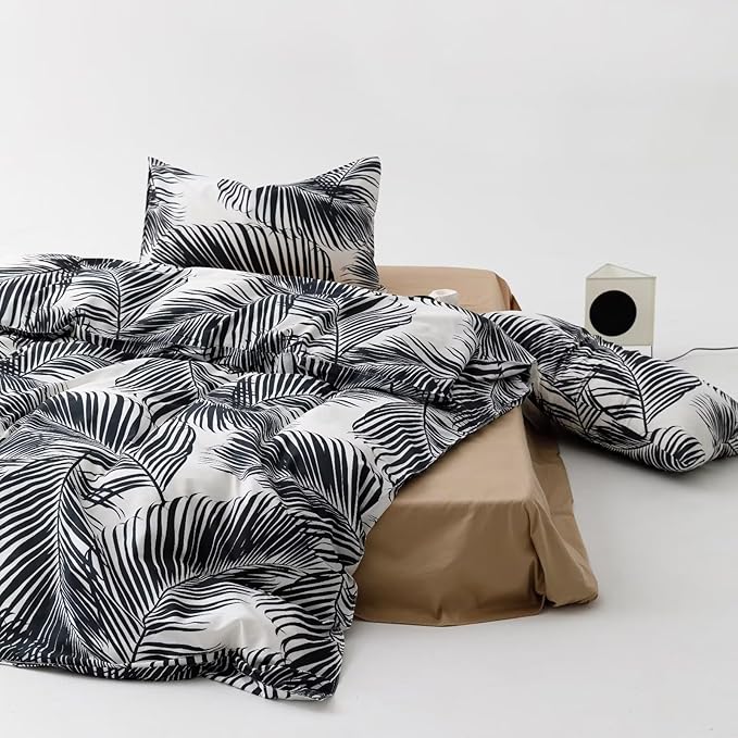 Black Leaves Comforter Cal King Black and White Palm Leaf Printed Comforter Set Modern Boho Black Tropical Botanical Leaves Bed Quilt Women Men Soft Floral Palm Black California King Comforter - LeafyLoom