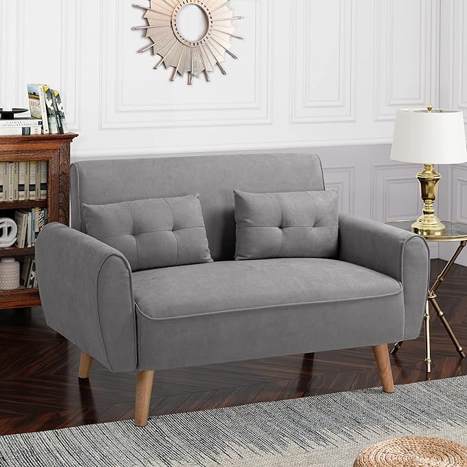 Shintenchi Small Modern Loveseat Couch Sofa, Light Grey, 2-Seat, Mid Century Fabric Upholstered, Tool-Free Assembly - LeafyLoom