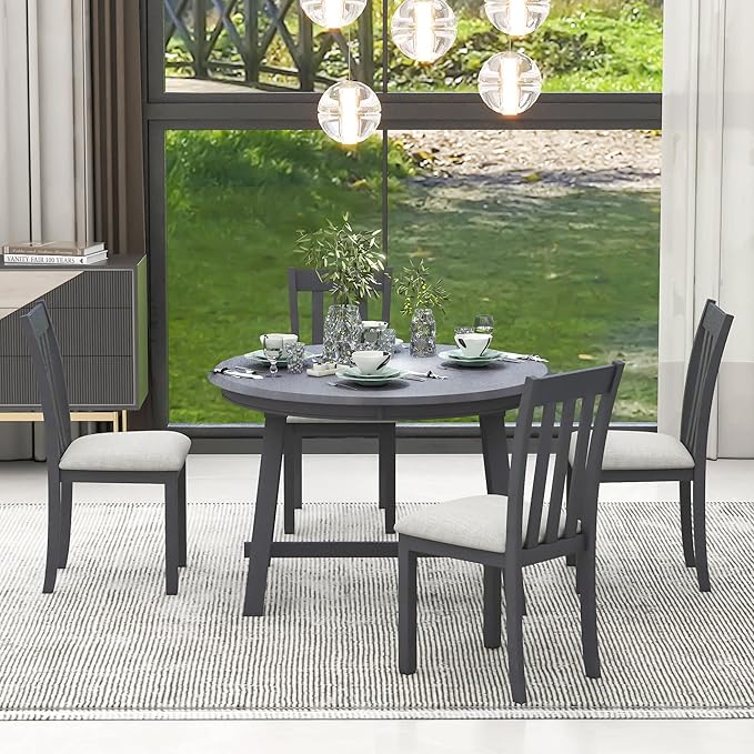 NicBex Small Dining Table Set for 4 Kitchen Table and Chairs 5-Piece Wood Dining Table Set Round Extendable Dining Table with 4 Dining Chairs for Dining Room, Gray - LeafyLoom