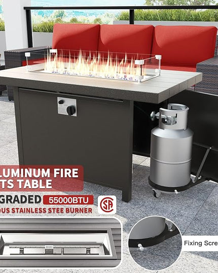 Kullavik 13PCS Outdoor Patio Furniture Set with 43" 55000BTU Gas Propane Fire Pit Table PE Wicker Rattan Sectional Sofa Patio Conversation Sets,Red - LeafyLoom