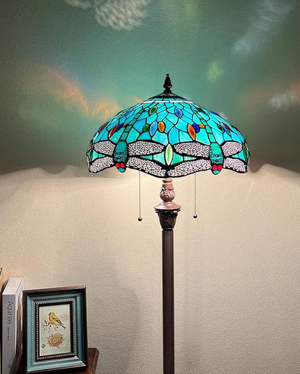 Capulina Tiffany Floor Lamp Sea Grass Dragonfly Style Stained Glass Standing Light Industrial Dark Bronze Pole for Living Room Bedroom Home Office - LeafyLoom