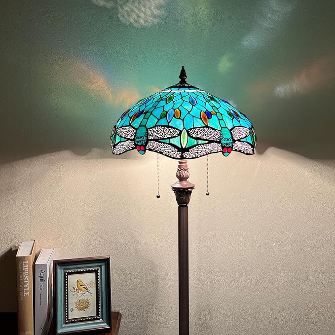 Capulina Tiffany Floor Lamp Sea Grass Dragonfly Style Stained Glass Standing Light Industrial Dark Bronze Pole for Living Room Bedroom Home Office - LeafyLoom