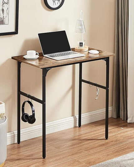 VECELO 32" Computer Writing Desk for Home Office, Study Table Workstation for Small Spaces with 4 Hooks & Adjustable Legs, Metal Frame,Brown, 32Inches - LeafyLoom