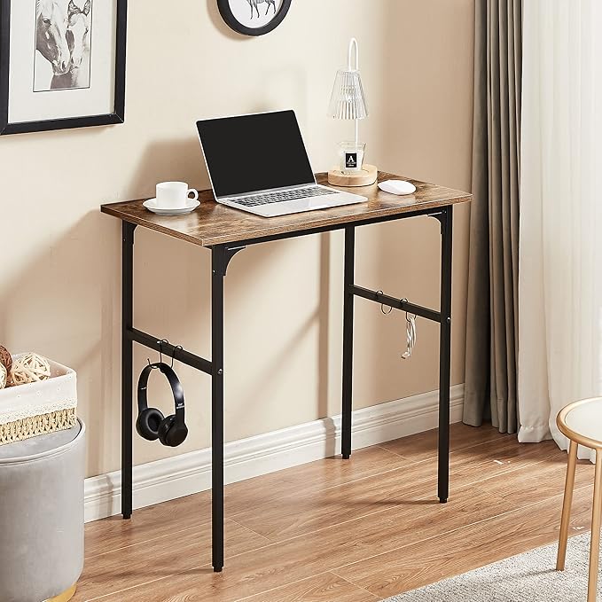 VECELO 32" Computer Writing Desk for Home Office, Study Table Workstation for Small Spaces with 4 Hooks & Adjustable Legs, Metal Frame,Brown, 32Inches - LeafyLoom