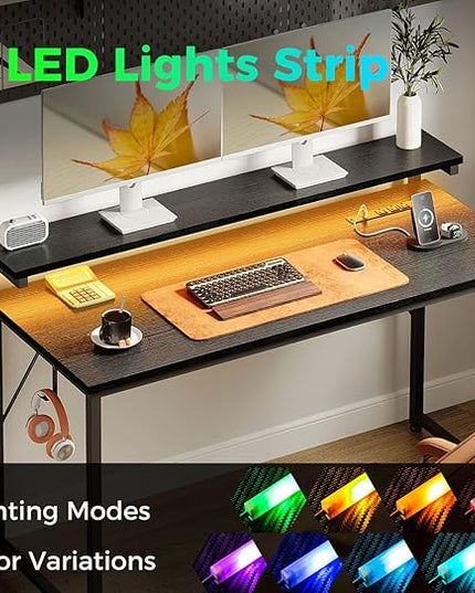 AODK Computer Desk, 48 Inch Gaming Desk with LED Lights and Power Outlet, Office Desk with Adjustable Monitor Shelf (3 Heights), Computer Table Work Desk for Home/Bedroom, Black - LeafyLoom
