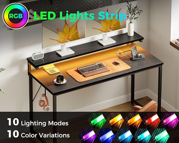 AODK Computer Desk, 48 Inch Gaming Desk with LED Lights and Power Outlet, Office Desk with Adjustable Monitor Shelf (3 Heights), Computer Table Work Desk for Home/Bedroom, Black - LeafyLoom