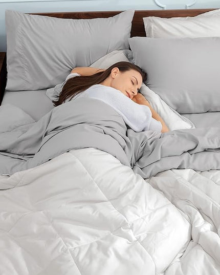 Bedsure Ivory Queen Comforter Set - 7 Pieces Reversible Queen Bed in a Bag, Queen Bed Set Ivory and Grey with Comforters, Sheets, Pillowcases & Shams - LeafyLoom