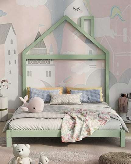 Jintop Full Size Wood Platform Chimney and House-Shaped Headboard,Bedroom Furniture Bed Frame W/ 10 Slat Support,Easy to Install,for Teens Kids Girls Boys,Green - LeafyLoom