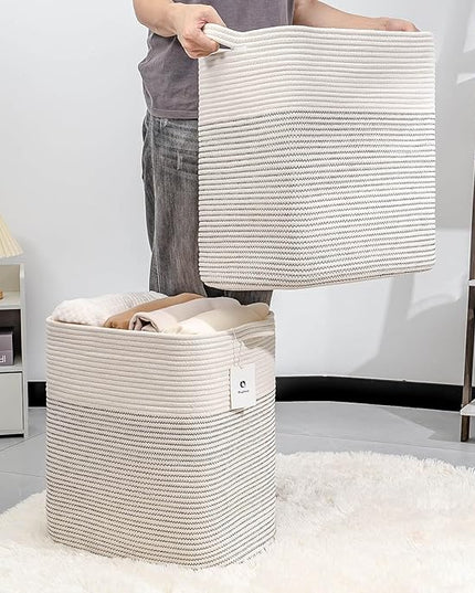 Cloth Large Blanket Basket,Storage Basket Bins Rectangle Small Woven Baskets for Storage, Nursery Cotton Rope Basket Living Room, Toy Basket For Organizing, Clothes Laundry Baskets set of 2 - LeafyLoom