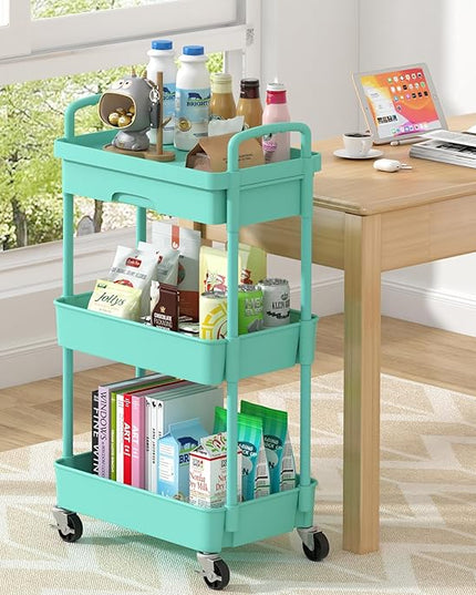3-Tier Rolling Cart，Trolley with Drawer, Kitchen Storage Organizer with Plastic Shelf & Metal Wheels, Storage Cart for Living Room, Kitchen, Office, Bathroom, Green - LeafyLoom