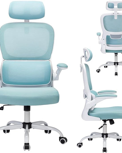 Office Chair, Ergonomic Office Chair Desk Chair with Headrest, High Back Mesh Computer Chairs for Home Office with Adjustable Back Support, 350lbs Comfortable Blue Office Chair, Tilt Lock - LeafyLoom
