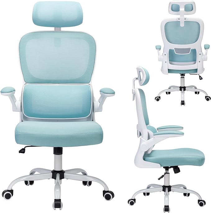 Office Chair, Ergonomic Office Chair Desk Chair with Headrest, High Back Mesh Computer Chairs for Home Office with Adjustable Back Support, 350lbs Comfortable Blue Office Chair, Tilt Lock - LeafyLoom