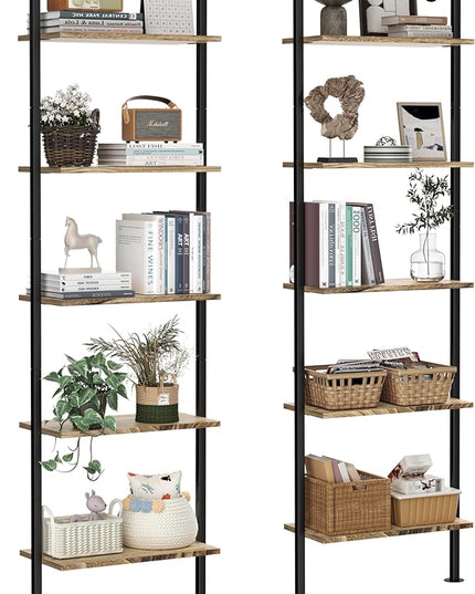 5-Tier Bookshelf Solid Wood Ladder Shelf, Narrow Book shelf Set of 2, Wooden Ladder Shelf Bookcase, Wall Mount Ladder Shelf, Storage Rack for Living Room, Bedroom, Industrial Style, Rustic Brown - LeafyLoom