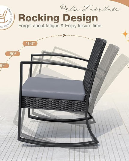 Greesum 3 Pieces Outdoor Furniture Set Patio Bistro Rocking Chairs with Glass Coffee Table for Pool Beach Backyard Balcony Porch Deck Garden, Gray - LeafyLoom