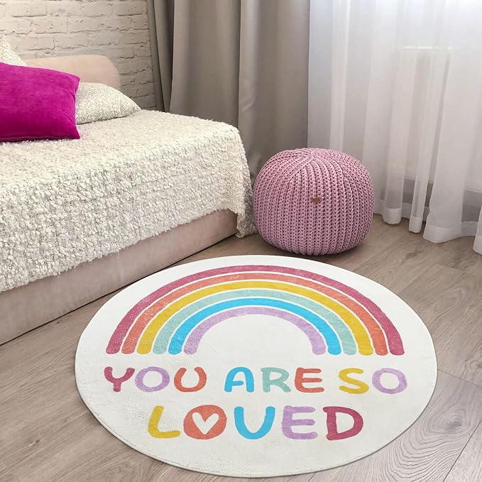Topotdor Rainbow Round Rug for Girls Bedroom,Colorful Boho Decor Nursery Area Rug,Ultra Soft Machine Washable Kids Play Mat,47" Round - LeafyLoom