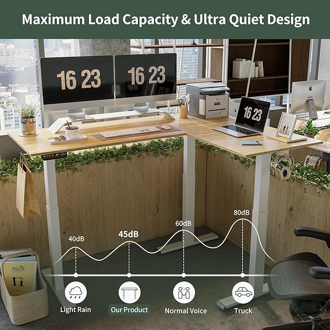 FEZIBO Triple Motor L-Shaped Electric Standing Desk, 63 Inches Height Adjustable Stand up Corner Desk, Sit Stand Workstation with Splice Board, White Frame/Natural Top - LeafyLoom