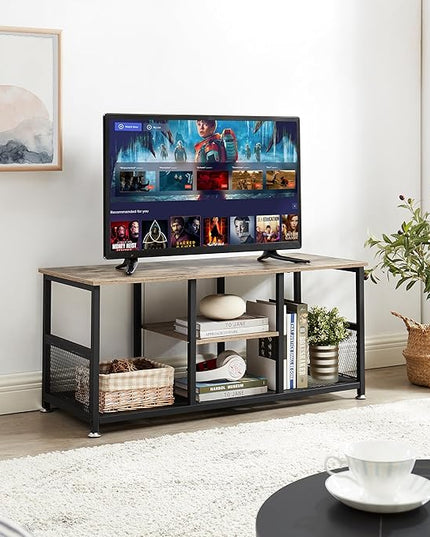 VECELO Industrial, Media Console Table up to 47 inch Television,3-tier Mesh/Wood Storage Shelves for Living Room/Bedroom, 39 inch TV Stand, Grey - LeafyLoom