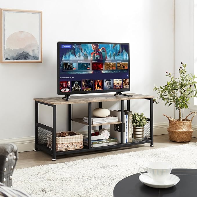 VECELO Industrial, Media Console Table up to 47 inch Television,3-tier Mesh/Wood Storage Shelves for Living Room/Bedroom, 39 inch TV Stand, Grey - LeafyLoom