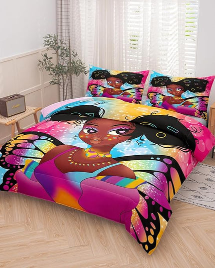 Tailor Shop Fantasy Black Girl Comforter Set Rainbow Butterfly Twin Size Bedding Sets for Girls Kids Kawaii Magic African American Black Girl Bedding Set with 1 Pillowcase Girls Room Decor - LeafyLoom