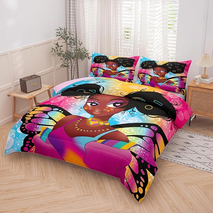 Tailor Shop Fantasy Black Girl Comforter Set Rainbow Butterfly Twin Size Bedding Sets for Girls Kids Kawaii Magic African American Black Girl Bedding Set with 1 Pillowcase Girls Room Decor - LeafyLoom