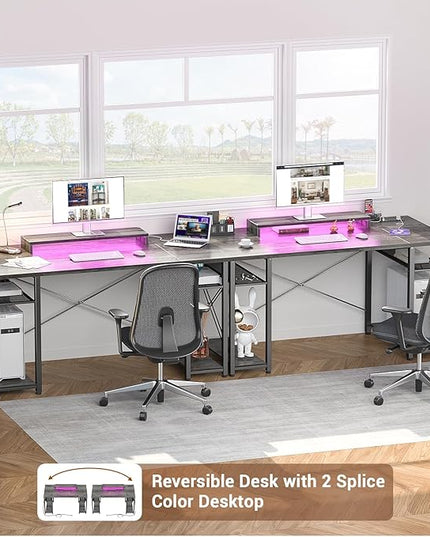 armocity Computer Desk with LED Lights, 55 Inch Desk with Power Outlet and USB, Reversible Large Desk with Moveable Monitor Stand, 55.2'' Gaming PC Table for Home Office, Workstation, Grey - LeafyLoom