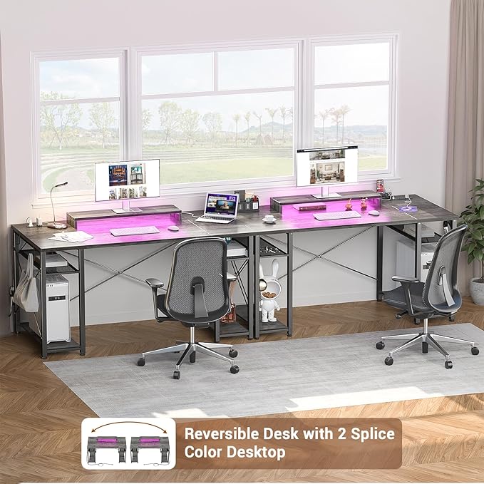 armocity Computer Desk with LED Lights, 55 Inch Desk with Power Outlet and USB, Reversible Large Desk with Moveable Monitor Stand, 55.2'' Gaming PC Table for Home Office, Workstation, Grey - LeafyLoom