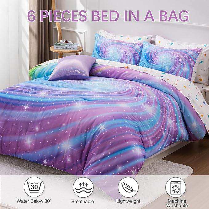 Btargot Super Soft 6 Pieces Gradient Star Ring Comforter Set, Colorful Glitter Rainbow Star Pattern Bedding Set for Boys Girls Teens, Full Purple - LeafyLoom