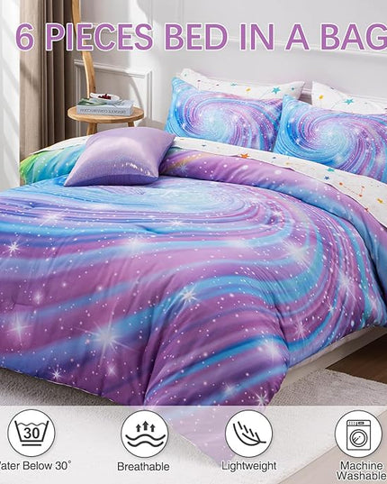 Btargot Super Soft 6 Pieces Gradient Star Ring Comforter Set, Colorful Glitter Rainbow Star Pattern Bedding Set for Boys Girls Teens, Twin Purple - LeafyLoom