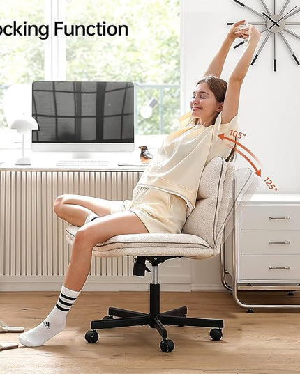 EMIAH Armless Office Desk Chair with Wheels Faux Fur Vanity Mid-Back Ergonomic Home Computer Comfortable Adjustable Swivel Furry Task Chair with Thickened Cushion - LeafyLoom