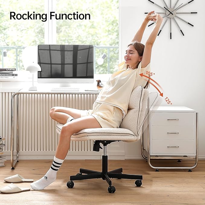 EMIAH Armless Office Desk Chair with Wheels Faux Fur Vanity Mid-Back Ergonomic Home Computer Comfortable Adjustable Swivel Furry Task Chair with Thickened Cushion - LeafyLoom