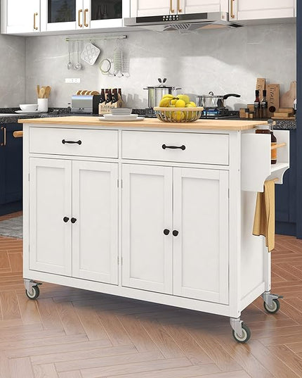 Solid Wood Top, Mobile Carts with Storage Cabinet, Rolling Kitchen Table w/Spice, Towel Rack, and Drawer, Portable Islands on Wheels, White, 54.33 Inch - LeafyLoom