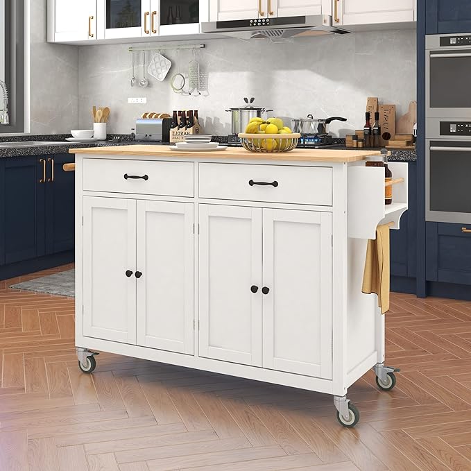 Solid Wood Top, Mobile Carts with Storage Cabinet, Rolling Kitchen Table w/Spice, Towel Rack, and Drawer, Portable Islands on Wheels, White, 54.33 Inch - LeafyLoom