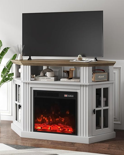YESHOMY Corner Fireplace TV Stand for Television up to 55" with Storage Cabinets, Entertainment Center, Media Console for Living Room, Bedroom, White - LeafyLoom