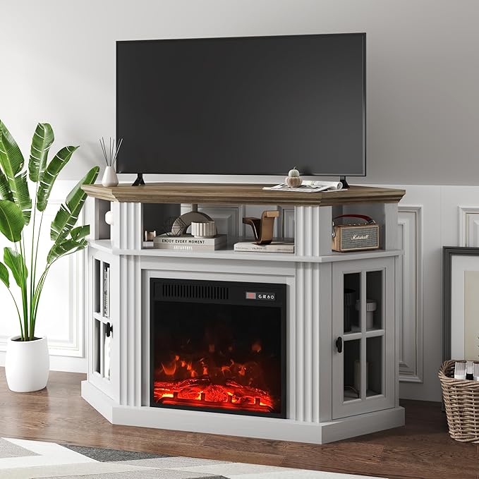 YESHOMY Corner Fireplace TV Stand for Television up to 55" with Storage Cabinets, Entertainment Center, Media Console for Living Room, Bedroom, White - LeafyLoom