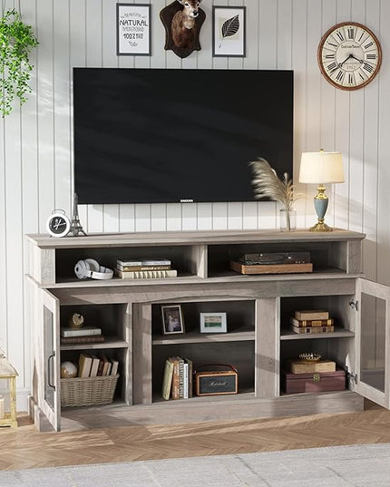 58 Inch TV Stand, Television Stands with 2 Tempered Glass Doors, Storage Cabinet and Shelves, Entertainment Center for Living Room, Barnwood - LeafyLoom