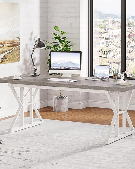 Tribesigns 70.8-Inch Executive Desk, Large Computer Office Desk Workstation, Modern Simple Style Laptop Desk Study Writing Table Business Furniture for Home Office (Grey/White, 70.8 Inch) - LeafyLoom