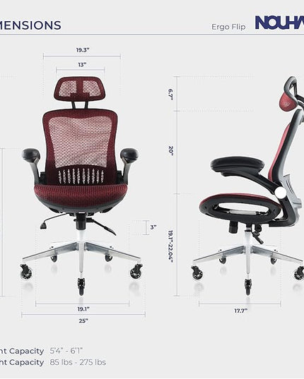 Nouhaus Ergonomic Mesh Office Chair with Flip Armrest, Adjustable Headrest, Lumbar Support & Blade Wheels, Executive Swivel Desk Computer Chair, Gaming Chair(ErgoFlip, Burgundy) - LeafyLoom
