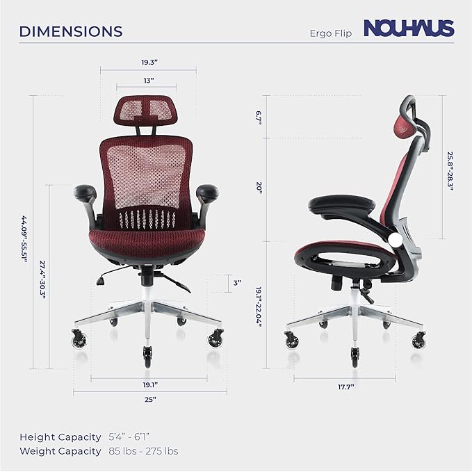 Nouhaus Ergonomic Mesh Office Chair with Flip Armrest, Adjustable Headrest, Lumbar Support & Blade Wheels, Executive Swivel Desk Computer Chair, Gaming Chair(ErgoFlip, Burgundy) - LeafyLoom