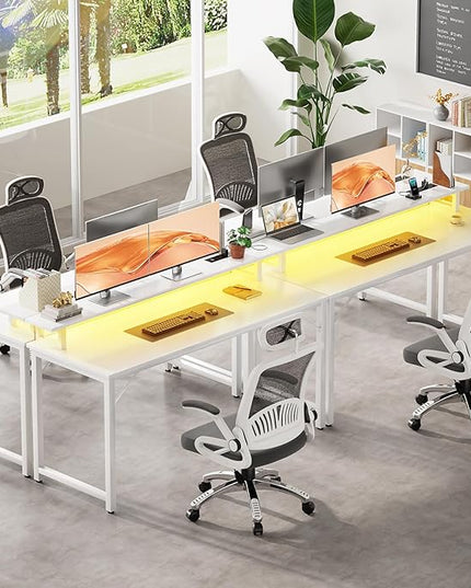 Computer Desk with USB Power Outlets and LED Lights, 55 inch Gaming desk with Monitor Stand for Small Space Home Office, Modern Simple Study Writing Table PC Desks, White - LeafyLoom